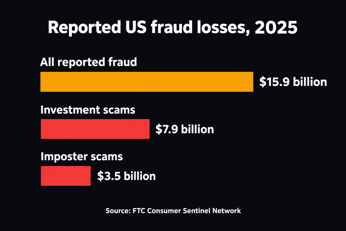 Bar chart of reported US fraud losses in 2025: 15.9 billion dollars in total, 7.9 billion to investment scams and 3.5 billion to imposter scams (FTC Consumer Sentinel Network)